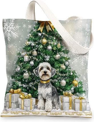 Generic Retro Christmas Schnauzer Dog Canvas Tote Bag for Shopping 13x15, Winter Xmas Tree Puppy Reusable Grocery Print Pattern Bag for Women Men, Pet Aesthet