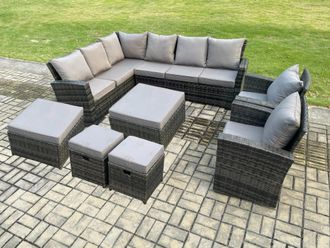 Fimous 12 Seat Rattan Garden Furniture Corner Sofa Set Outdoor Patio Sofa Chair Table Set in Dark Grey