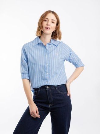 Weird Fish Roscoe Striped Boyfriend Shirt in Denim at Nordstrom, Size 16