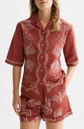 Scotch & Soda Embroidered Cotton & Linen Button-Up Shirt in Burnt Henna at Nordstrom, Size 12 Us