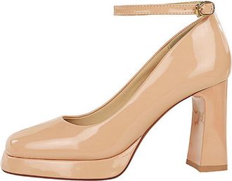 Generic Low Heeled Bridal Shoes Thick Heel High Heel Platform Leather Square Toe Single Strap High Heels Womens Size 5 Shoes (Beige, 3.5)