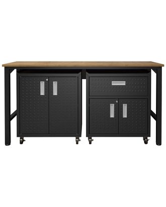Manhattan Comfort 3Pc Fortress Mobile Space-Saving Garage Cabinet And Worktable 2.0