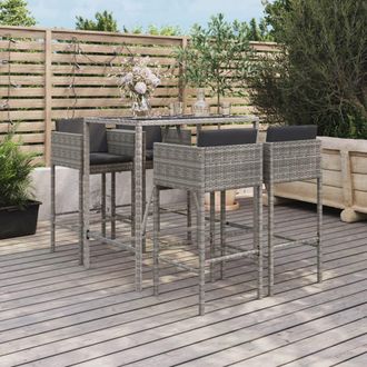 vidaXL Mesa Y Taburetes Altos Jard&iacute;n 5 Piezas Y Cojines Rat&aacute;n Pe Gris Vidaxl