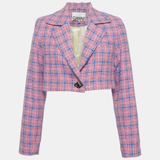 Ganni Ganni Pink/Blue Tweed Check Cropped Blazer S