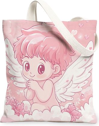 Generic Romantic Valentines Day Cupid Canvas Tote Bag for Shopping 13x15, Fun Watercolor Love Heart Reusable Grocery Print Pattern Bag for Women, Holiday Beac