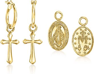 Ross-Simons Italian 18kt Gold Over Sterling Jewelry Set: Hoop Earrings and 2 Pairs Of Interchangeable Religious Drops