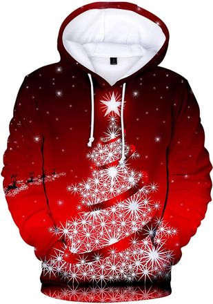 Generic Mens Xmas Hoodies Baggy Christmas Tree Hooded Pullover Winter Warm Long Sleeve Sweatshirts Lightweight Comfortable Drawstring Jumpers Fashion Everday 