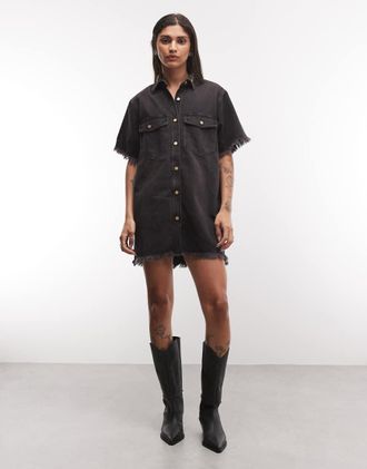AllSaints Filou vestito corto in denim con maniche corte e orlo sfrangiato, lavaggio nero slavato-Marrone