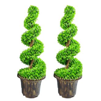 Leaf 90cm Pair of Green Large Spiral Topiary Trees with Decorative Planters