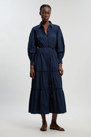 Karen Millen Womens Shirred Cotton Tiered Printed Woven Shirt Dress - Navy - Size 12 UK