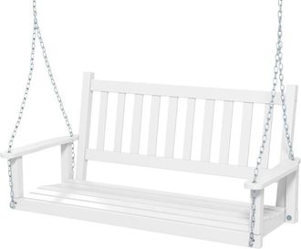 Costway Costway - 2-Person Porch Hanging Swing Chair Wooden Garden Swing Bench w/Back-White