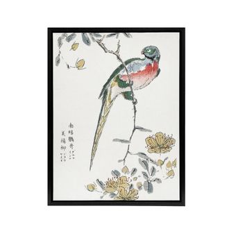Artery8 Macaw Parrot & Peach Flowers Framed Canvas Wall Art Print Numata Kashu | Size: W24 x H32