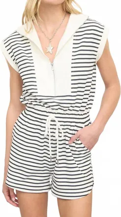 J.O.A. Stripe Zip-Front Drawstring Knit Romper In Black