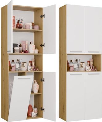 Topeshop Nel 1k Dk - Mueble De Ba&ntilde;o - 5 Estantes, Cesto De La Ropa - 60x174x30 Cm - Roble Artisan Blanco