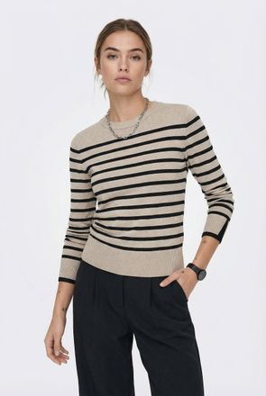 Only Rundhalspullover ONLY ONLKALANA LS O-NECK KNT NCA, Damen, Gr. XL, beige (wei&szlig;cap gray stripes:schwarz), Strick, Obermaterial: 73% Viskose, 27% Polyest