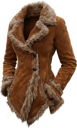 Generic Womens Vintage Suede Jackets Retro Thick Shearling Jacket with Faux Fur Trim Ladies Casual Notched Lapel Collar Button Western Coats Winter Warm Outer