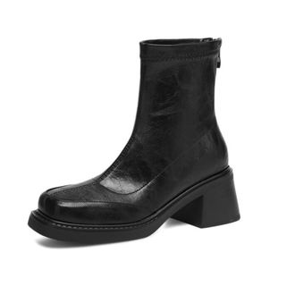 Generic Women Ankle High Distressed PU Leather Square Toe Casual Boots Block Heels Side Zip Pull Tab Slim Fit Comfortable Durable,Black,3.5 UK