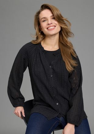 Laura Scott Shirtbluse LAURA SCOTT, Damen, Gr. 34, schwarz, Spitze, Obermaterial: 100% Baumwolle, unifarben, gekr&auml;uselter Ausschnitt, R&uuml;schen mit innenliegendem G