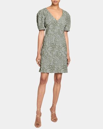 Santorelli Bianca A-Line Shift Dress with Puff Sleeves in Abstract Stretch Cotton Cloque in Aloe at Nordstrom, Size 2