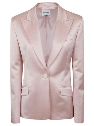 Andamane Fitted Satin Blazer with Peak Lapels and Padded Shoulders