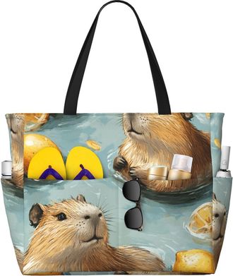 Generic Cute Capybara Print Large Beach Bag Foldable Travel Shoulder Tote Bag With Pocket For Weekender Pool Vacation