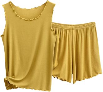 Generic Womens Suit Pyjamas Top and Pants Soft Nightwear Womens Vest Shorts Wear Womens Set Wooden Ears Edge Loose Suit Womens 100 Cotton Pajamas (Yellow, XXL