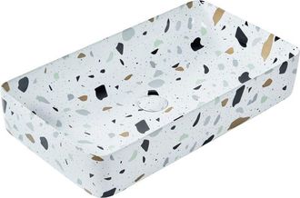 Beliani Lavabo De Encimera Ba&ntilde;o Cer&aacute;mica Efecto Terrazo Rectangular Blanco 51 X 34 Cm Nules