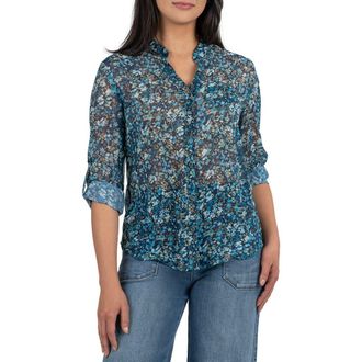 Kut from the Kloth Jasmine Chiffon Button-Up Shirt in Potenza Navy Aqua at Nordstrom Rack, Size Medium