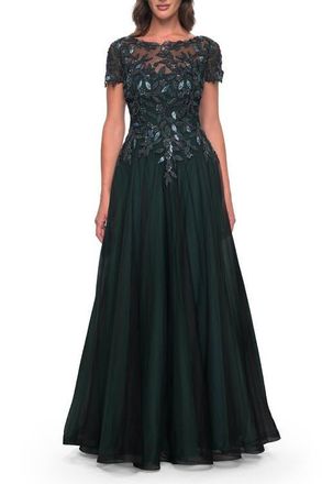 La Femme Beautiful A-Line Tulle Dress with Beaded Bodice in Black/emerald at Nordstrom, Size 10