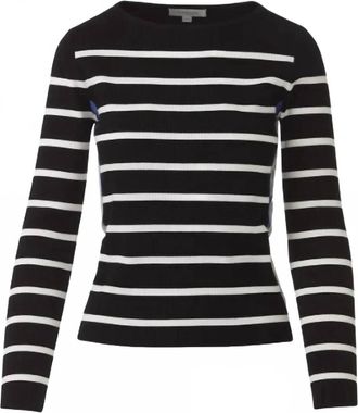 Kinross Cashmere Womens Tipped Rib Stripe Boatneck Pullover In Black/white/anchor Blue