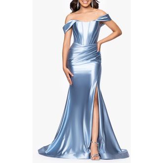 Betsy & Adam Luanna Satin Off the Shoulder Corset Gown in Slate at Nordstrom, Size 12