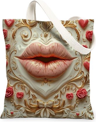 Generic Valentines Day Floral Canvas Tote Bag, Romantic Lips Pattern Reusable Grocery Bags, Lightweight Washable Shoulder Strap Canvas Bags for Travel Shoppin