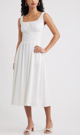Open Edit Smocked Waist Midi Dress in White at Nordstrom, Size Xx-Small