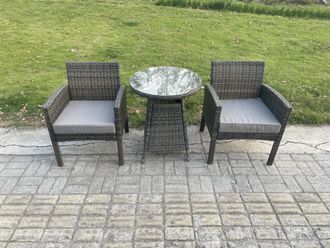 Fimous Wicker PE Outdoor Rattan Garden Furniture Arm Chair & Table Dining Sets 2 Seater Small Round Table Dark Grey Mixed