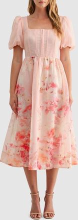 Mila Mae Puff Sleeve Chiffon Fit & Flare Midi Dress in Pink Floral at Nordstrom, Size Medium