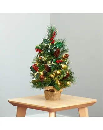 Nearly Natural 18in. Mixed Pine Artificial Christmas Tree With Holly Berries, Pinecones, 35 Clear LED Lights And Burlap Base