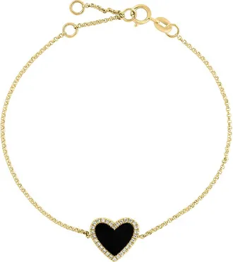 Effy 14K Yellow Gold Onyx Diamond Halo Heart Bracelet in 14K Gold at Nordstrom, Size 7.5