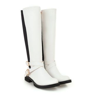 Generic Womens Knee High Riding Boots with Buckle Detail & Elastic Panel, Comfortable Block Heel for Daily Wear & Outdoor,White,6.5 UK