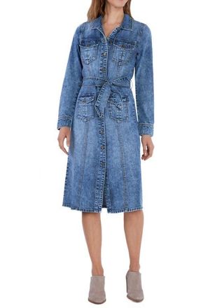 Wash Lab Denim Mabel Retro Tie Belt Long Sleeve Denim Midi Shirtdress in Clear Blue at Nordstrom, Size X-Small