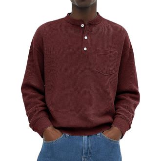 Generic Mens Henley Shirts Long Sleeve Long Sleeve Henley Shirts for Men Front Pocket 3 Button V Neck Pullover Waffle Knit Thermal Fahion Casual Tee Shirt Win