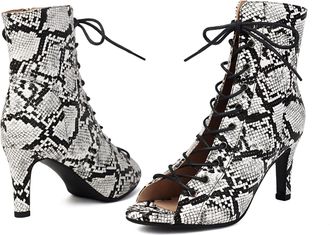 Generic Womens Lace-Up High Heel Ankle Boots, Peep Toe Dance Shoes with Side Zipper, 8-11cm Stiletto Heel (Gray and white leopard print, 1.5, Adult, Women, 10