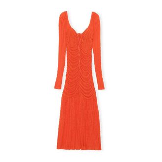 Ganni Midi Dresses, female, Orange, M, Ruched Stretch-Lace Midi Dress