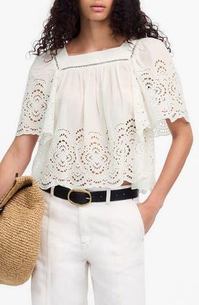 Madewell Eyelet Flutter Sleeve Cotton Blend Top in White at Nordstrom Rack, Size Medium