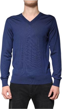 Dolce & Gabbana Navy Blauwe Cashmere V-Hals Trui - Heren - Cashmere truien - Blauw - M - Truien & Vesten