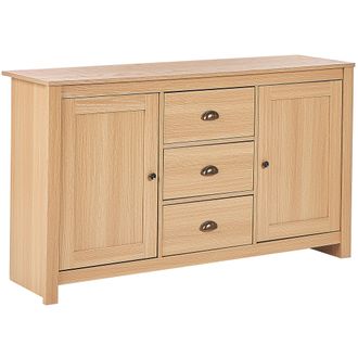 Beliani Aparador Madera Clara 140 X 40 Cm Tablero De Fibra 2 Puertas 3 Cajones Lansin