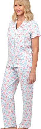 Marlon Womens Martilla 100% Cotton Butterfly Print Jersey Revere Collar Pajama Set, Pink, 24-26