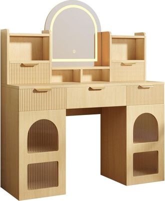 Urban Meuble Tocador efecto madera natural con espejo LED, 3 cajones y vitrinas