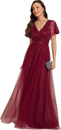 Ever-pretty Women Dress Maxi Sparkly Sequin A-Line V-Neck Tulle Short Sleeve Formal Evening Dress Long Dress Burgundy 18UK
