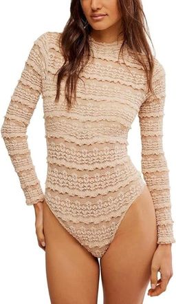 Free People Womens Free People Angelina Bodysuit Tea Knitted Mock Neck Long Sleeve RED881