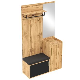 STILVORA Mueble De Entrada Con Espejo Y Banco, Zapatero Con 1 Puerta, Percheros Y Estante, Estilo Moderno, En Tablero De Part&iacute;culas, Negro Y Roble, 100&times;38&times;185 